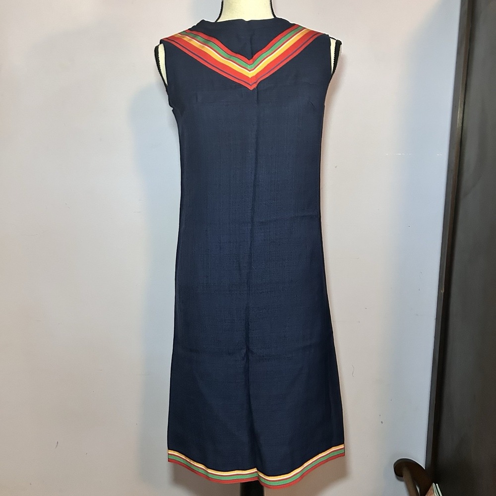 60's A-Line Shift Dress Women's Medium Navy Blue Mod Go-Go Striped Collar